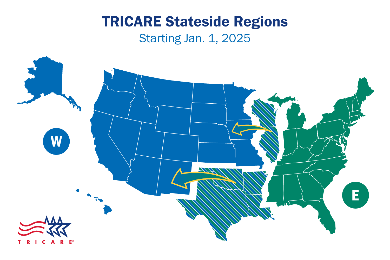 Map showing TRICARE T-5 contract region changes and credentialing updates for 2025